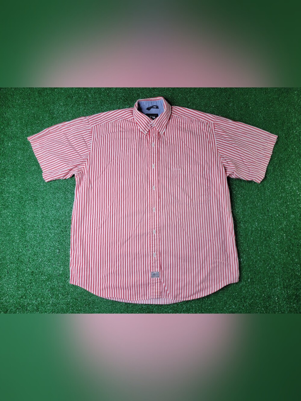 Vintage Woods & Gray Mens Short Sleeve Striped Button Down Shirt Med Red White